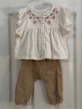 Jessica Simpson Baby Girl Cream Embroidered Baby Top with Tan Pants Outfit